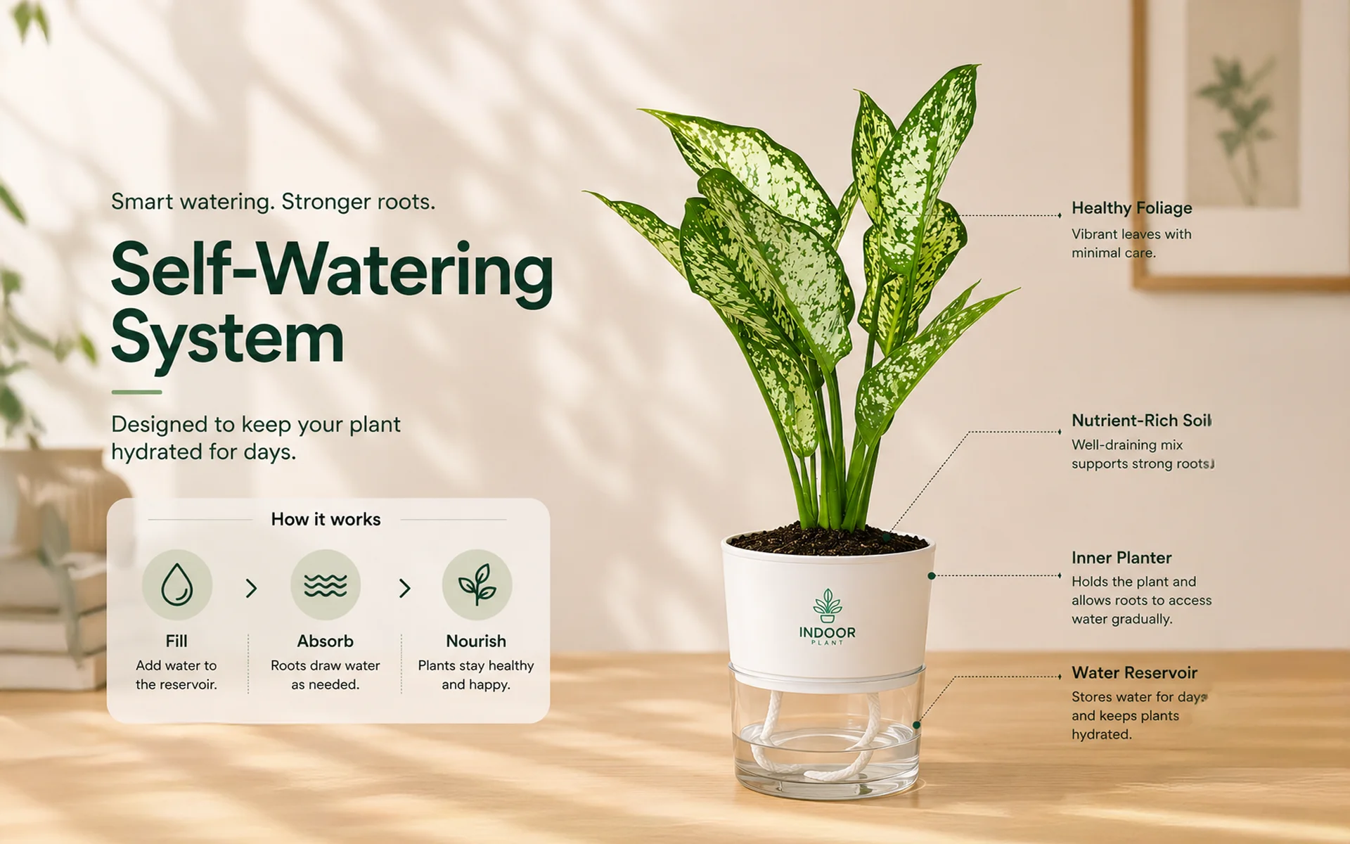 Aglaonema Snow White plant in a self-watering pot with simple indoor care instructions.