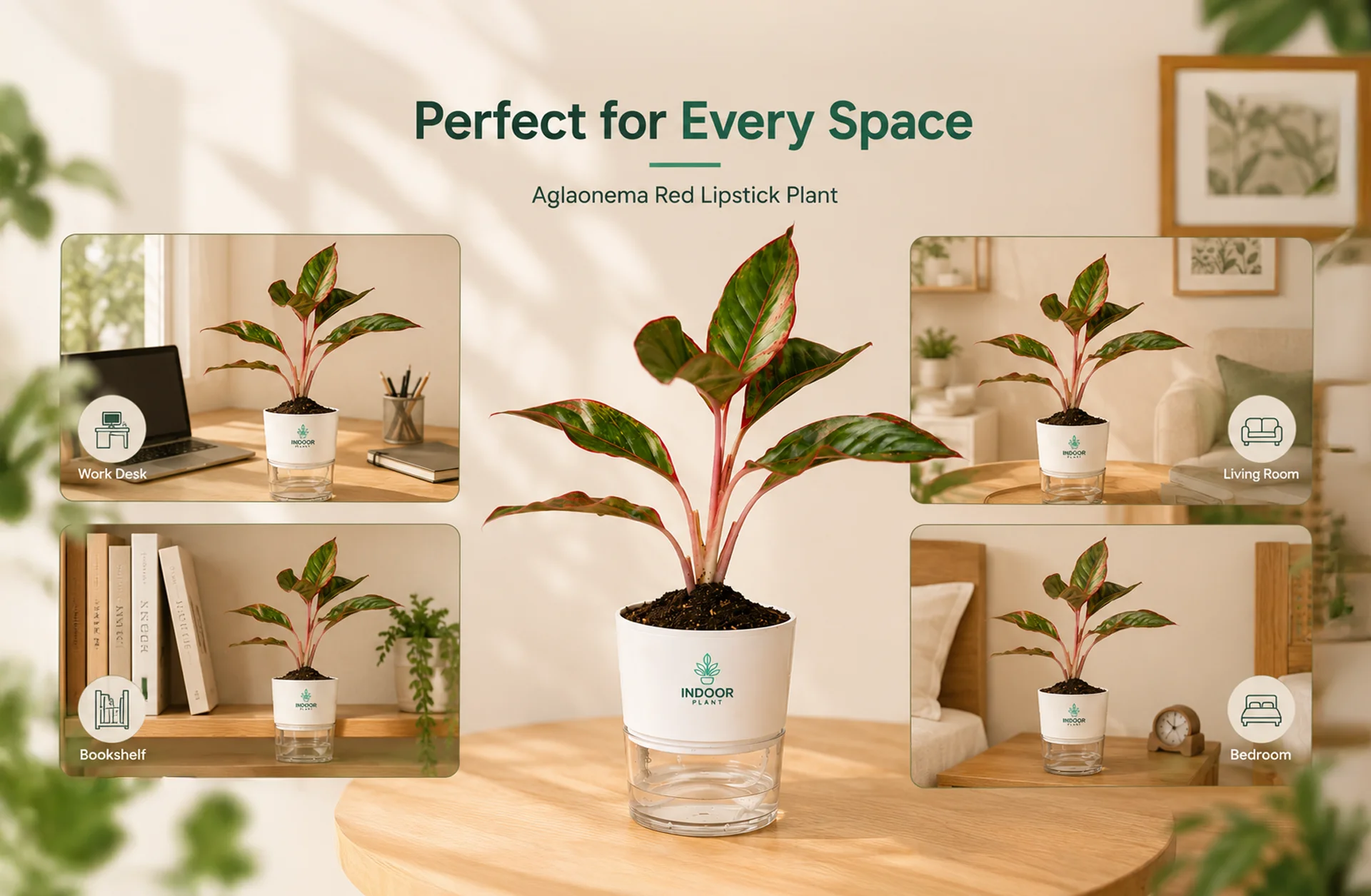 Aglaonema Red Lipstick plant with vibrant green and red leaves in a modern indoor setting.