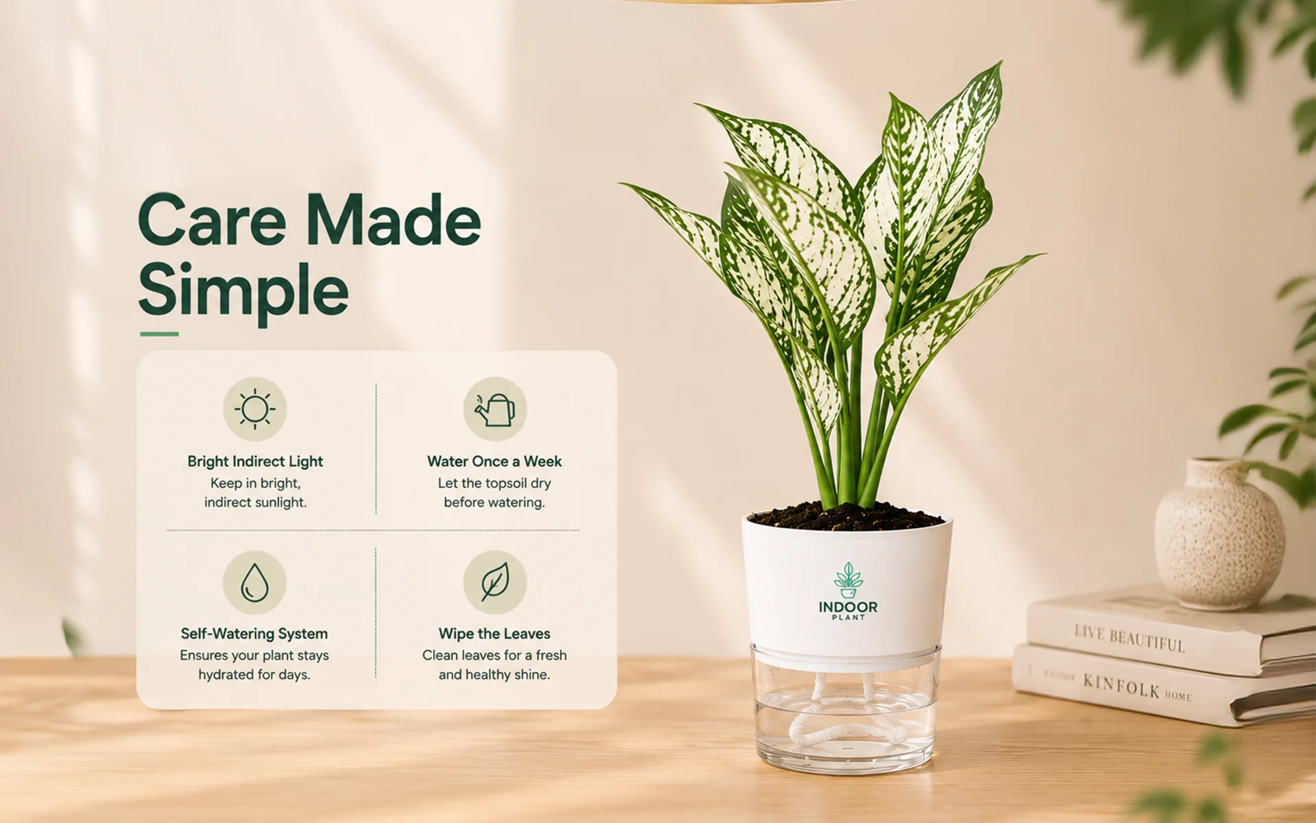 Aglaonema Snow White plant in a self-watering pot with simple indoor care instructions.