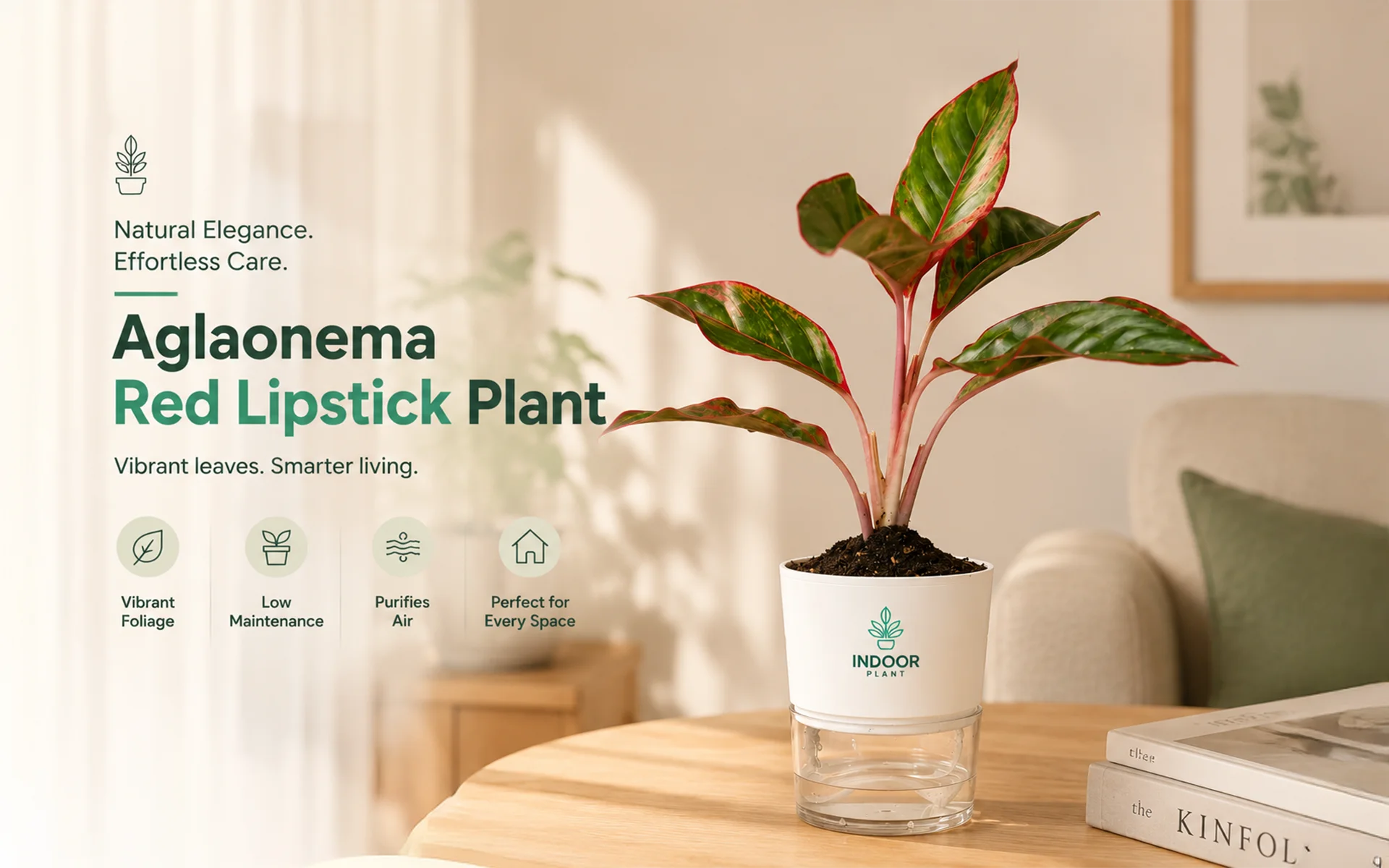 Aglaonema Red Lipstick plant with vibrant green and red leaves in a modern indoor setting.