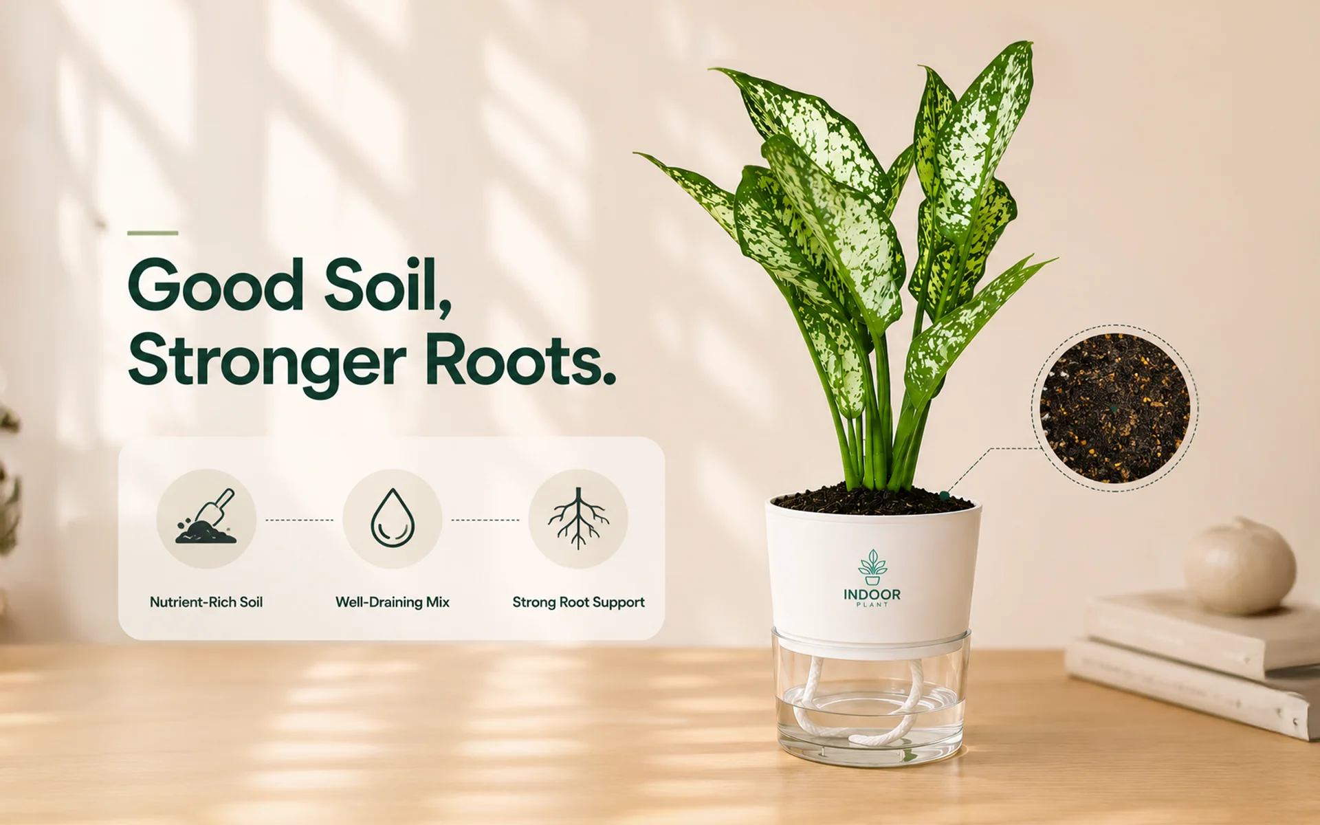 Aglaonema Snow White plant in a self-watering pot with simple indoor care instructions.